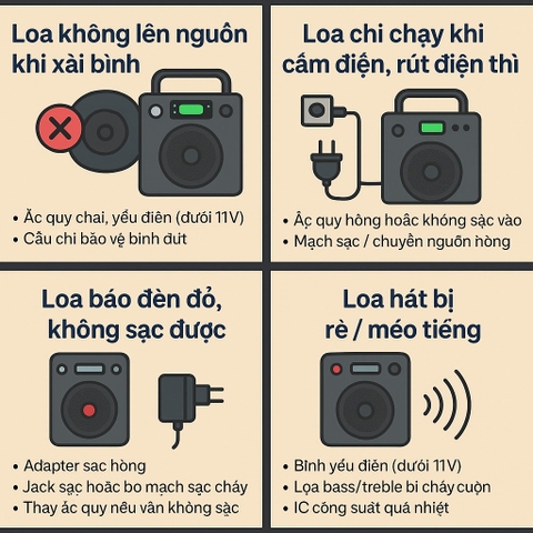 các lỗi thường gặp trên loa kéo xài bình (ắc quy)