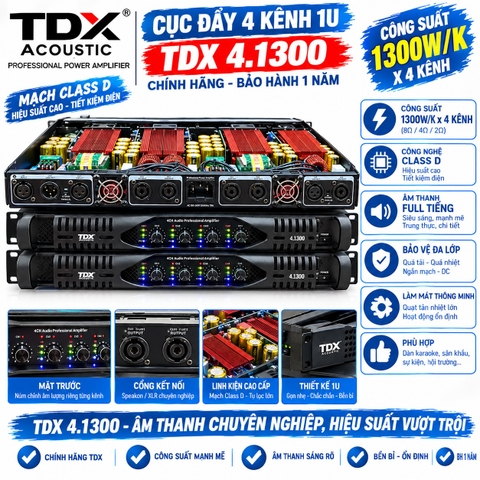 Cục Đẩy 4 Kênh 1U TDX 4.1300 Chính Hãng - 1300W/Kênh, Mạch Class D