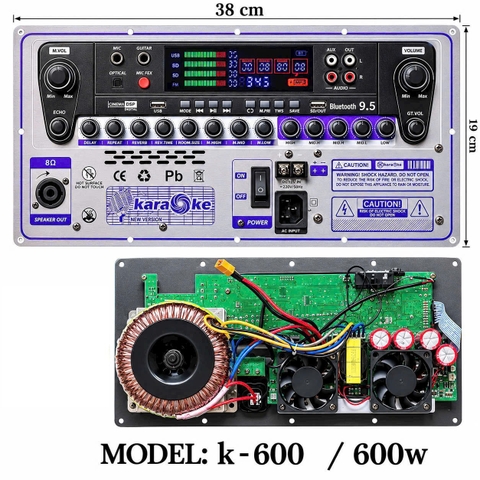 Mạch Loa Kéo Karaoke K-600 600W Bluetooth 9.5 Có Echo DSP Digital USB AUX Optical FM
