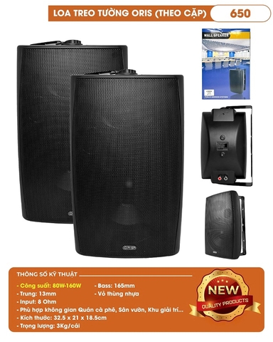 Loa Treo Tường Cao Cấp ORIS 650 Black - Bass 16cm, Treble 2 inch - Hệ Thống Âm Thanh Thông Báo Cho Quán Cafe, Phòng Họp, Lớp Học