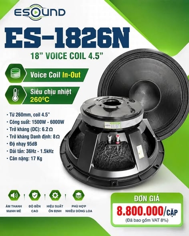 Củ Loa Bass Rời 50 18 ES-1826N eSound – Coil 4.5 Inch, Từ 260mm, 1500W–6000W