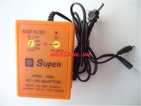 Nguồn Adapter đa năng SUPER 1000mA 1081 ,6 đầu ra 3V 4.5V 6V 9V 12V 13.5V DC đảo cực được (Cam)