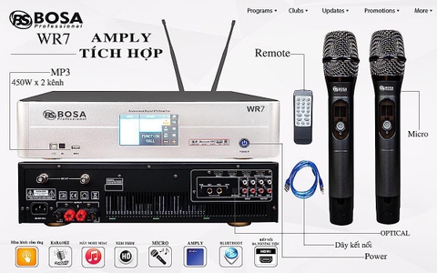 Amply BOSA WR7 tích hợp vang số, 2 Micro UHF, 450W X 2 CH