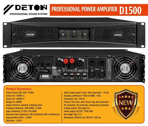 Cục đẩy công suất 2 kênh Deton D1500, Công suất 1500W / 8ohm x2