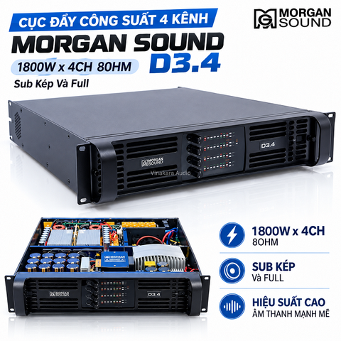 Cục Đẩy Công Suất 4 KÊNH MORGAN SOUND D3.4, 1800wx4CH 8OHM | Sub Kép Và Full