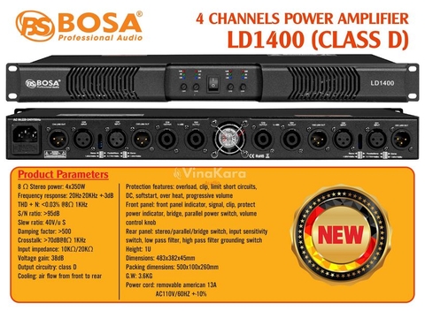 Cục Đẩy Công suất 4 kênh nguồn xung BOSA LD1400, Class D , 350W/1CH , 8