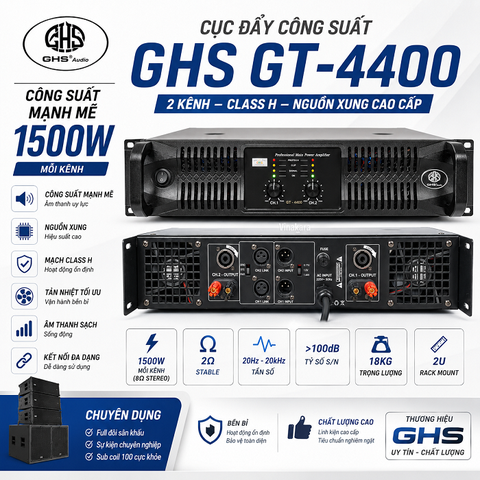 Cục Đẩy GHS GT-4400 2 Kênh 1500W Class H – Chuyên Đánh Full Đôi, Sub Coil 100