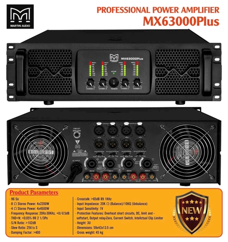 Cục đẩy Martin 4 Kênh 104 sò, Công suất 2500W/1ch 8ohm ,MX63000Plus