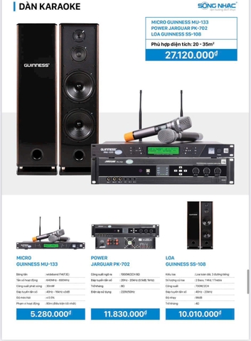 Dàn Karaoke Guiness GD-117010, Micro MU-113, Power Pk-702, Loa SS-108, SD Phòng 20-35m2