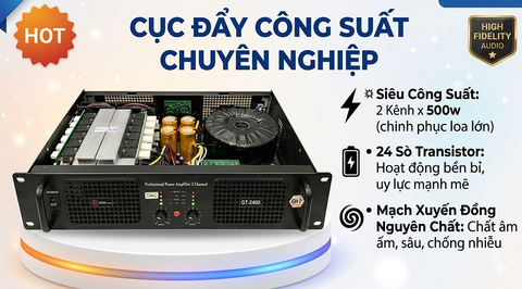 Cục đẩy công suất GHS GT-2400, 2 kênh x 500w, 24 sò, mạch xuyến đồng