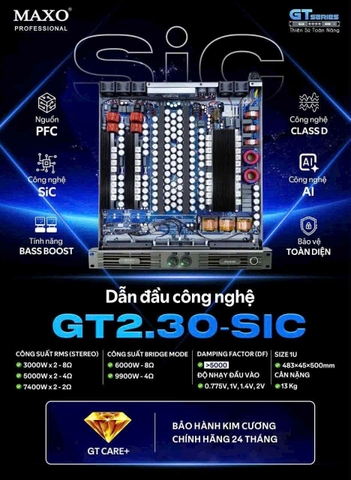 Cục đẩy Maxo 2 Kênh GT2.30-SIC ,Class D,3000W X 2 – 8Ω, chuyên sub kép