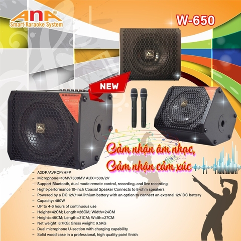 Loa Kéo Xách Tay Mini ANA W-650, Loa Đồng Trục, 800w, 2 Micro UHF