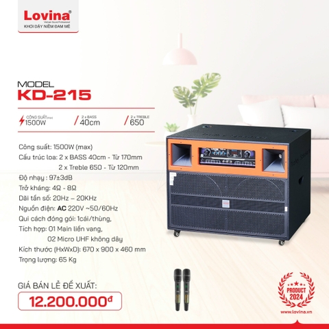 Loa kéo điện Lovina KD215, 2 bass 40cm 2 Treble 650, 1500w