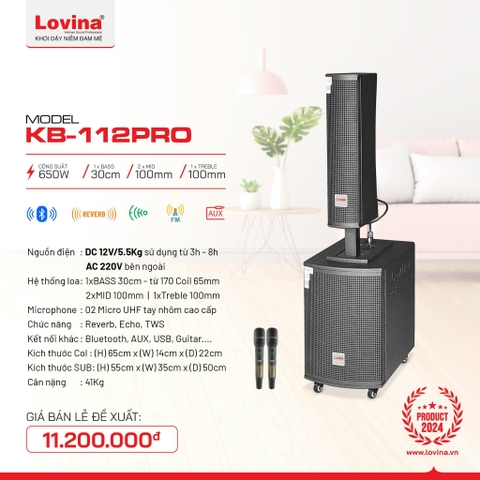 Loa kéo cột lovina KB-112PRO , Bass 30cm 2 Mid 1 Treble, 650w