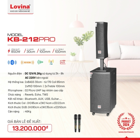 Loa kéo cột Lovina KB-212PRO, Bass đôi 30cm, 950w