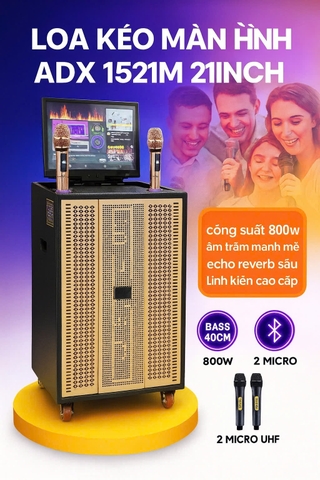 Loa kéo màn hình ADX 1521M, bass 40cm, 800w, 2 micro UHF