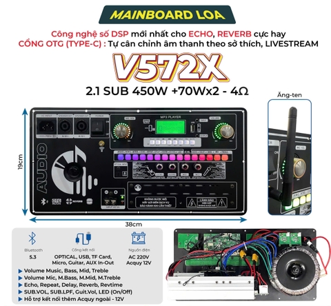 MẠCH LOA KÉO 3  KÊNH 19x38,2 FULL 1 SUB. V572X