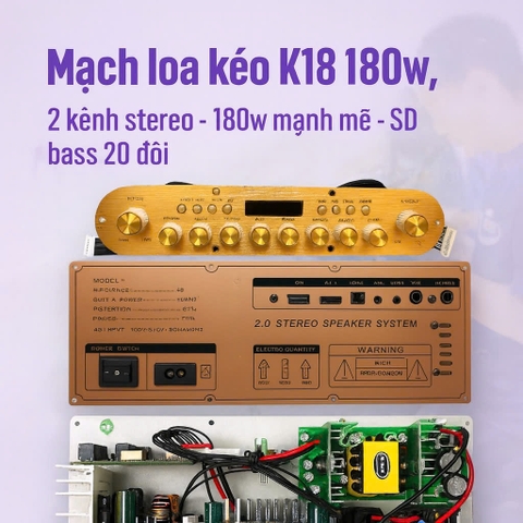 Mạch loa kéo K18 180w, 2 kênh stereo, loại cao cấp (nút trắng)
