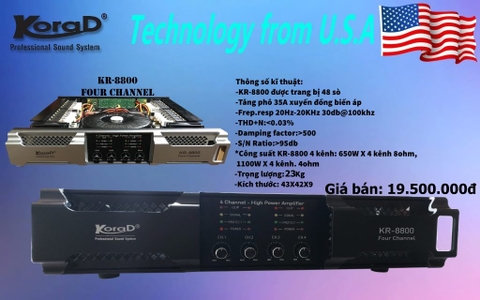 Cục đẩy công suất 4 kênh KoraD KR-8800 (4 kênh, 48 sò, 650w/1 kênh)