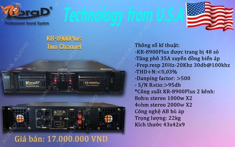 Cục đẩy công suất 2 kênh KoraD KR-8900Plus 48 sò, 1000w/1 kênh x2 8ohm