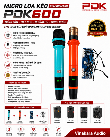Micro Loa Kéo PDK 600 Kèm Bo Mạch Thu Sóng 10 Râu – UHF Sóng Khỏe, Bắt Xa, Chống Hú