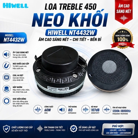 Loa Treble 450 Neo Khối Hiwell, Model: NT4432W, Coil 44 dẹt, Nắp Nhôm, Khe Viền Đồng