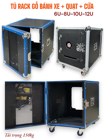 Tủ rack gỗ sử dụng cho phòng karaoke có cửa khóa trước, phía sau có quạt tản nhiệt, bánh xe
