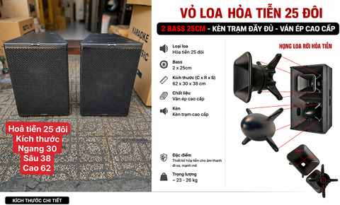 Vỏ loa hỏa tiễn 25 đôi, Ván ép cao cấp,Tặng kèm phụ kiện , VHT25