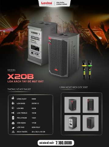 Loa Karaoke Xách Tay LOVINA X20B 550W – 2 Bass 20cm, Pin Lithium 14Ah, Tặng 2 Micro