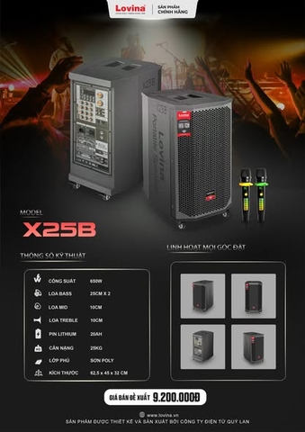 Loa Kéo LOVINA X25B 25 Đôi – 2 Bass 25cm, Công Suất 650W, Pin Lithium 20Ah