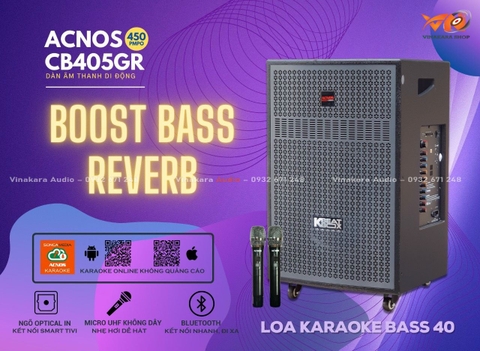 Loa kéo di động ACNOS CB405GR, Revert, 2 Micro UHF, Bass 40cm, 4 tấc