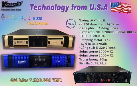 Cục đẩy công suất 2 kênh Korad K320, 2 kênh x 1200w 32 sò