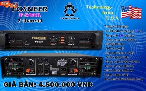 Cục đẩy công suất 2 kênh FOSNEER F800R, 24 Sò, 2 kênh x 800w