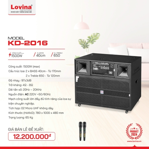 Loa kéo Lovina KD-2016, Bass 40 đôi 2 Treble 650, 1500w