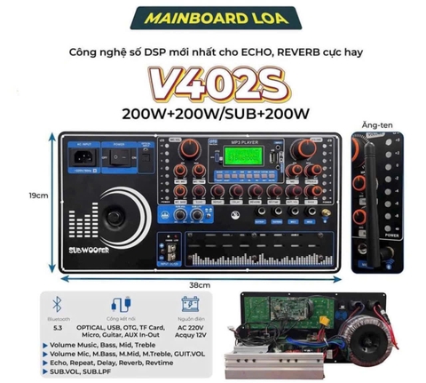 Mạch Loa Kéo V402S - 2 Kênh Stereo Echo Reverb Có Cắt Sub 19x38