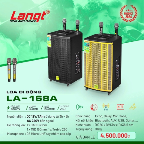 Loa kéo di động Lanqt LA-168A , Bass 30cm, 450w, 3 đường tiếng, 2 Micro UHF