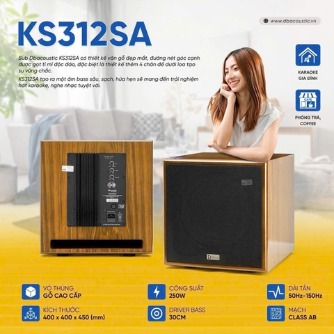Loa sub điện 30 Db acoustic KS312SA, Bass 3 tấc, Công suất 500w