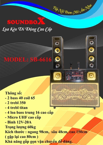 Loa kéo di động Soundbox SB-6616 ,2 bass 40cm ,Công suất lớn