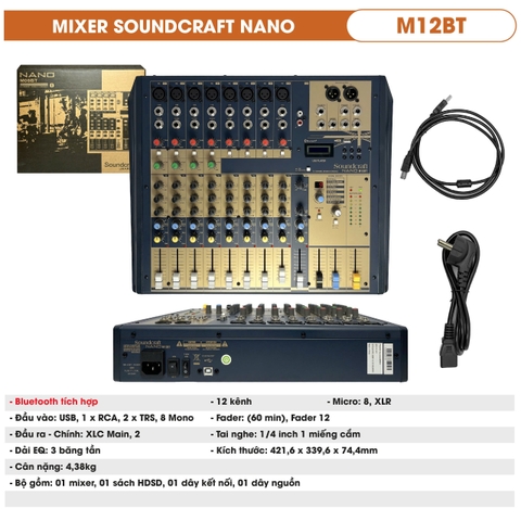 Mixer SOUNDCRAFT NANO M12BT (Mixer analog, 12 kênh, Bluetooth, USB)