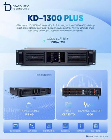 Cục đẩy công suất 2 kênh Db acoustic KD-1300 Plus , 1300w x 2CH