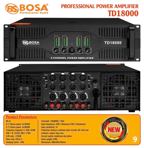 Cục đẩy công suất 4 kênh bosa, 80 Sò DT18000, Công suất 1800W/1CH