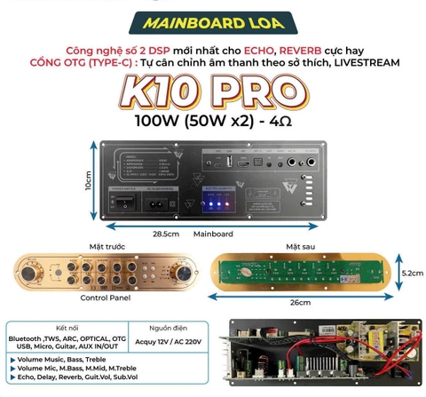 Bo mạch loa kéo mini Xách tay K10 PRO, Công suất 100W