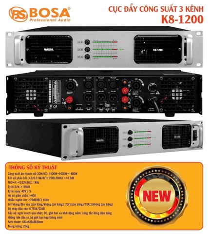 Cục đẩy công suất 3 Kênh Bosa ,K8-1200, Công suất 1000W x 2CH + 1400W