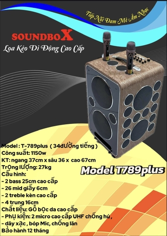 Loa kéo di động SoundBox T-789 Plus, 2 Bass 25,34 đường tiếng