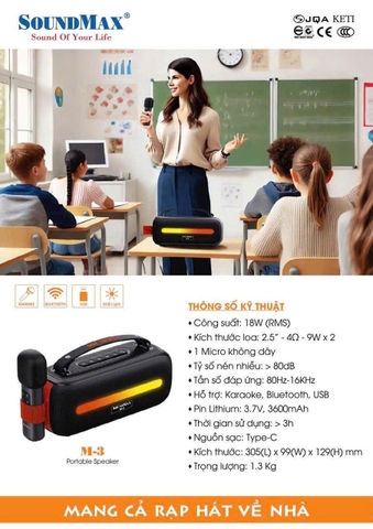 Loa Trợ giảng SoundMax M-3, Bluetooth,Usb, 18w 1 Micro
