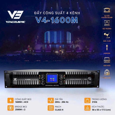 Cục đẩy công suất 4 kênh V3 Acoustic V4-1600M,Công suất 1600w/1CH
