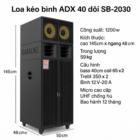 Loa kéo bình 40 đôi ,3 đường tiếng công suất 1200w, SB-2030
