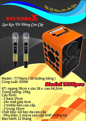 Loa kéo di động SoundBox T779 Pro, 2 Bass 25 ,30 đường tiếng