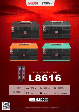 Loa xách tay Lovina L8616, 2 bass 16cm, 350w