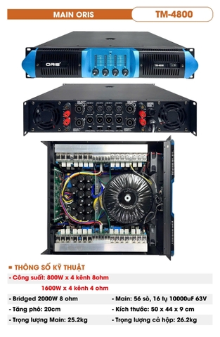 CỤC ĐẨY CÔNG SUẤT 4 KÊNH ORIS TM-4800 48 SÒ, 1000W X 4 KÊNH, NGUỒN XUYẾN
